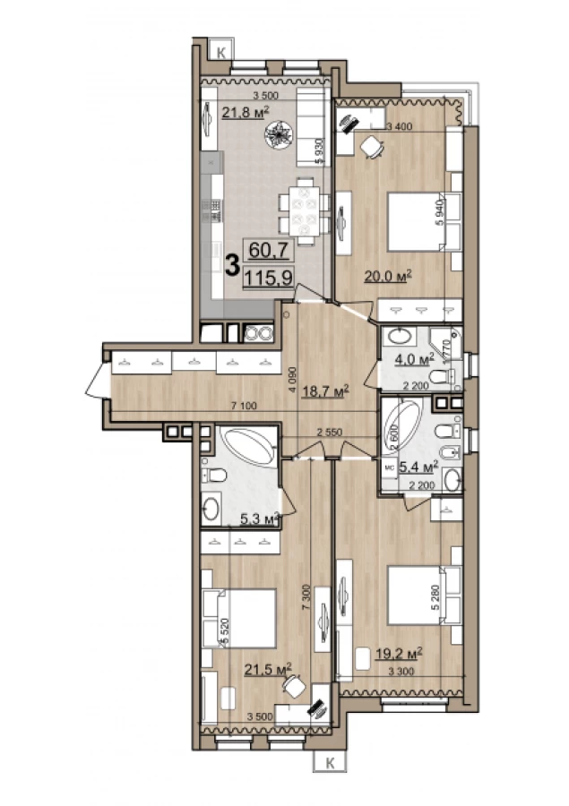 3-х комнатные апартаменты в Рязани площадью 115.9м2